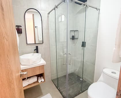 Baño con ducha en vidrio y lavamanos de vasija sobre madera