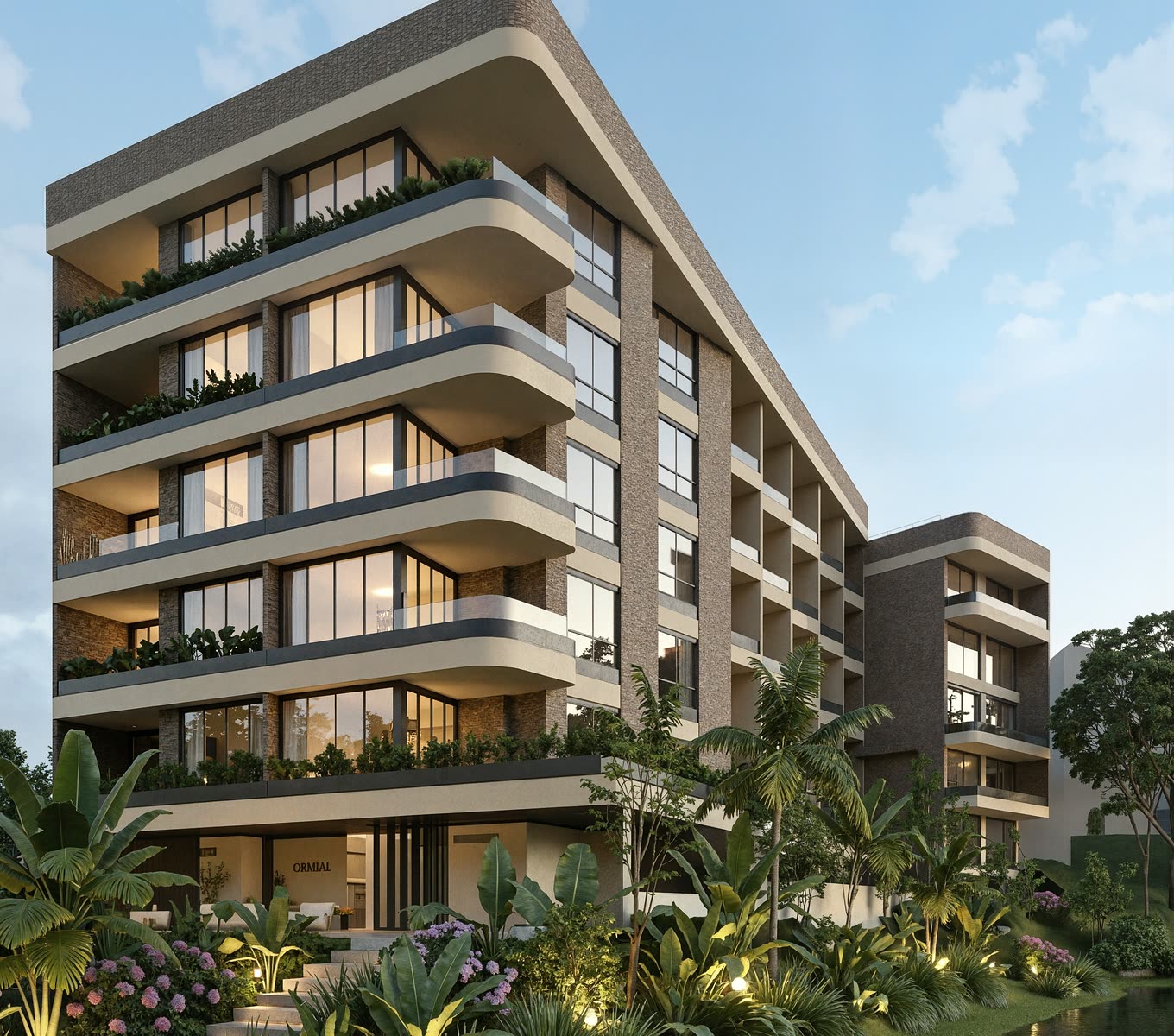 Fachada de Barlovento Living con balcones corridos y jardines hacia el embalse