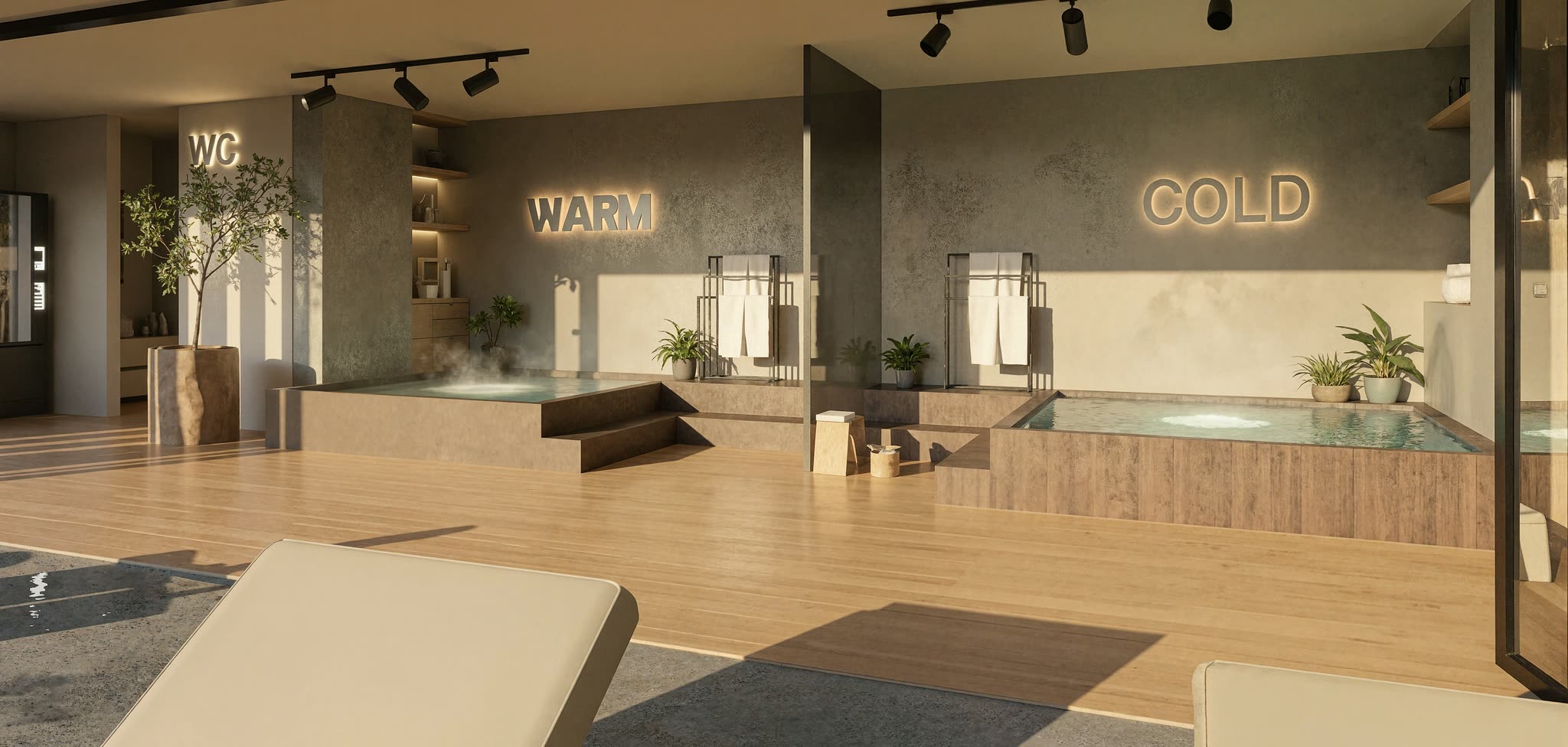 Zona húmeda de Barlovento Living, con piscina y camas de descanso