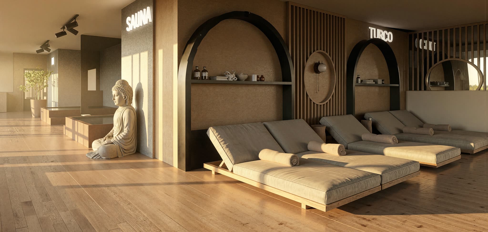 Spa de Barlovento Living, con sauna, baño turco y camas en madera