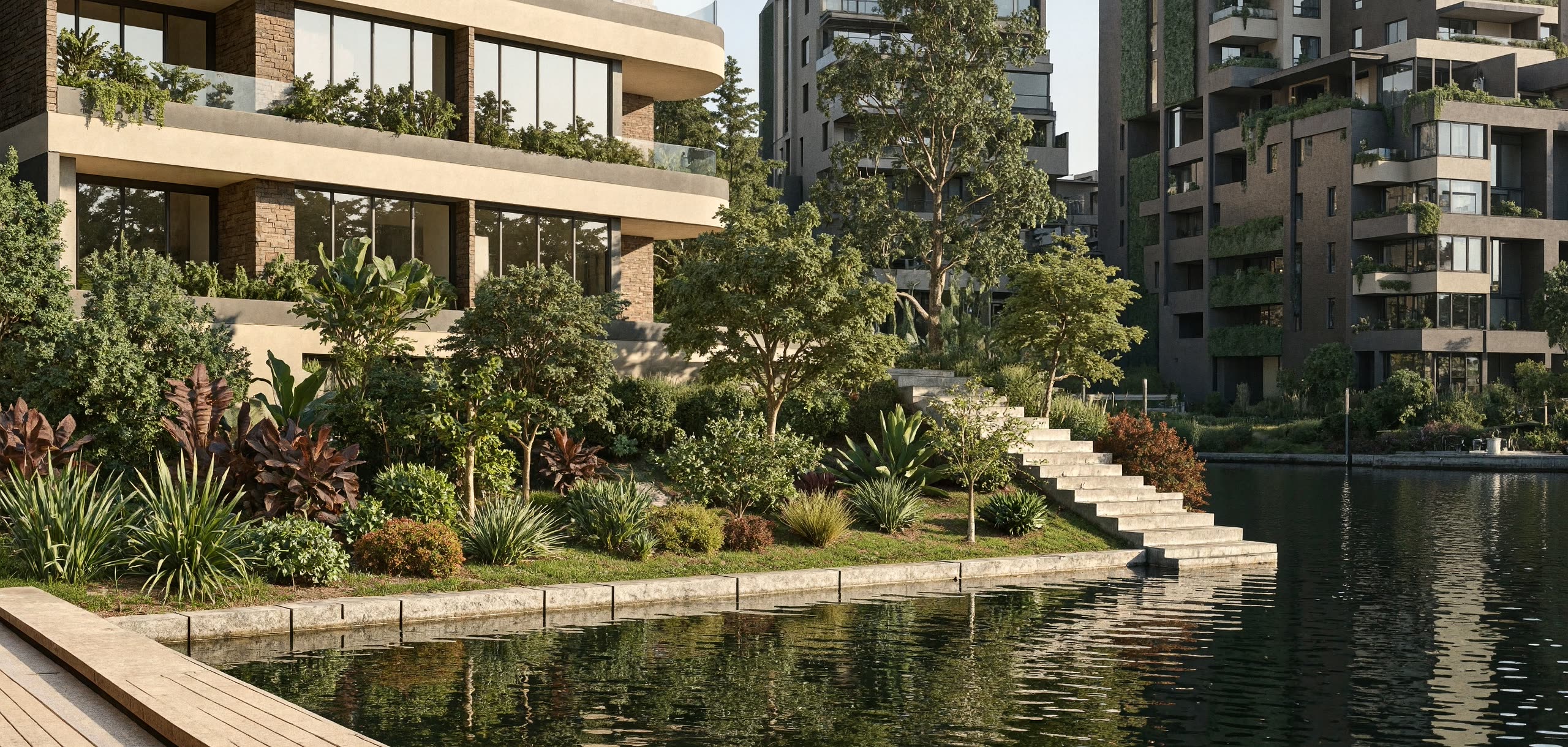 Render de Barlovento Living visto desde el muelle de madera, con el edificio y su jardín reflejados en el agua