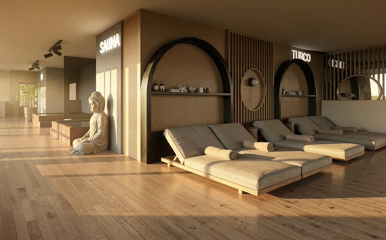 Zona social de Barlovento Living con sauna, turco y camas de descanso