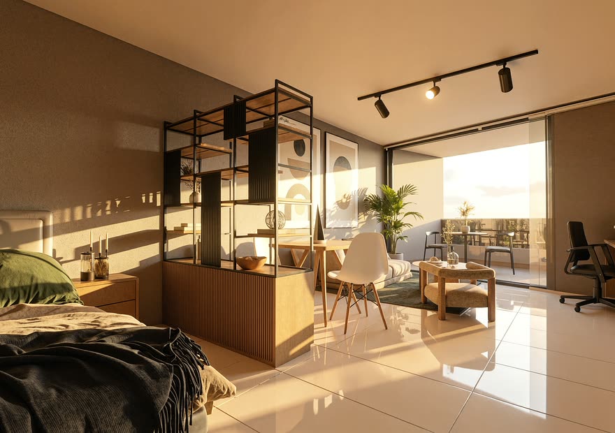 Aparta-estudio de Barlovento Living: cama, zona de trabajo y comedor en un solo espacio