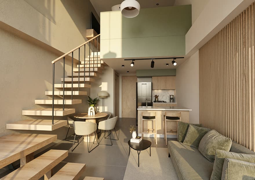 Interior dúplex de Barlovento Living, con escalera, cocina abierta y sala