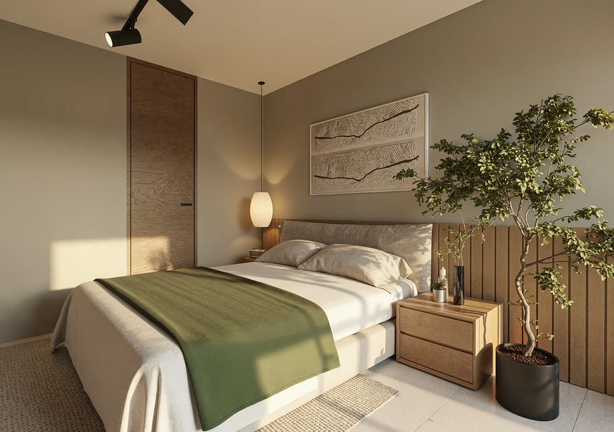 Habitación principal de un apartamento de Barlovento Living, con salida al balcón