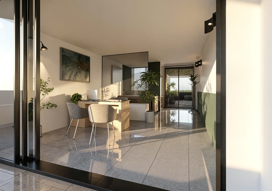 Interior de uno de los dos locales comerciales de Barlovento Living, abierto a la terraza