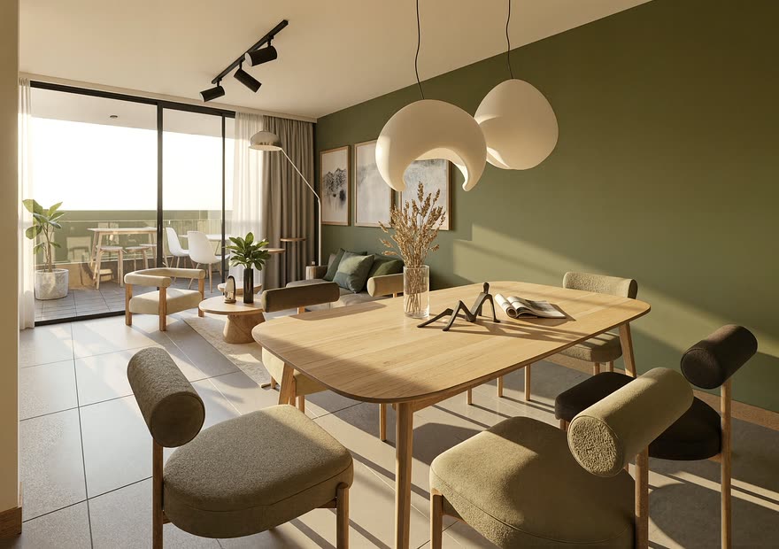 Sala y comedor de un apartamento de Barlovento Living, abierto al balcón