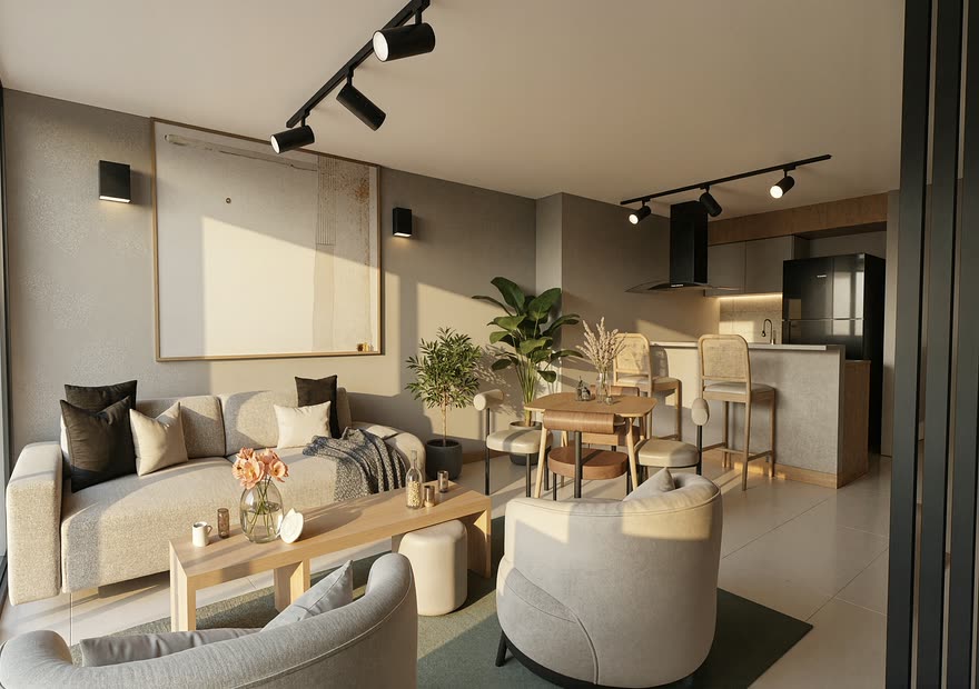 Sala de un apartamento de Barlovento Living con sofá, comedor y cocina al fondo