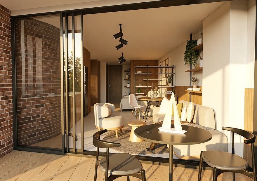 Sala de un apartamento de Barlovento Living abierta a su terraza privada