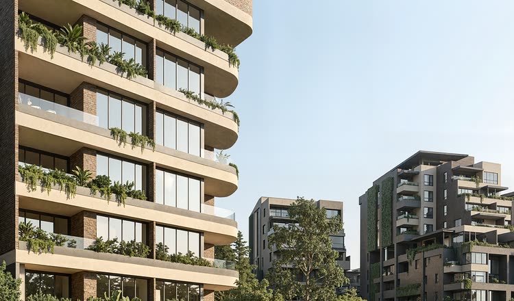 Render de Barlovento Living visto desde el muelle de madera sobre el agua