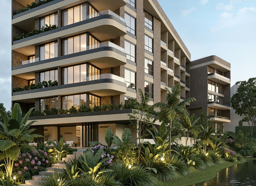 Render de la fachada de Barlovento Living frente al agua