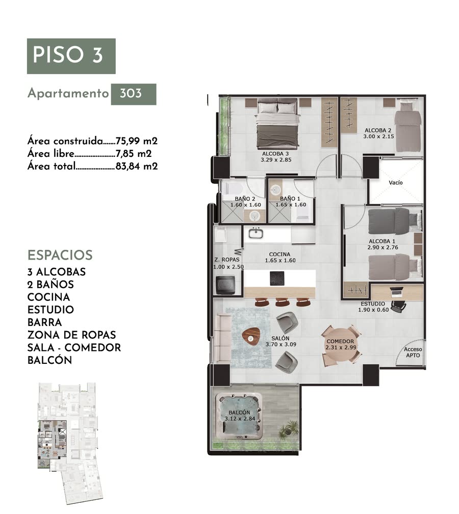 Plano del apartamento 303 de San Telmo: piso 3, tres alcobas y dos baños