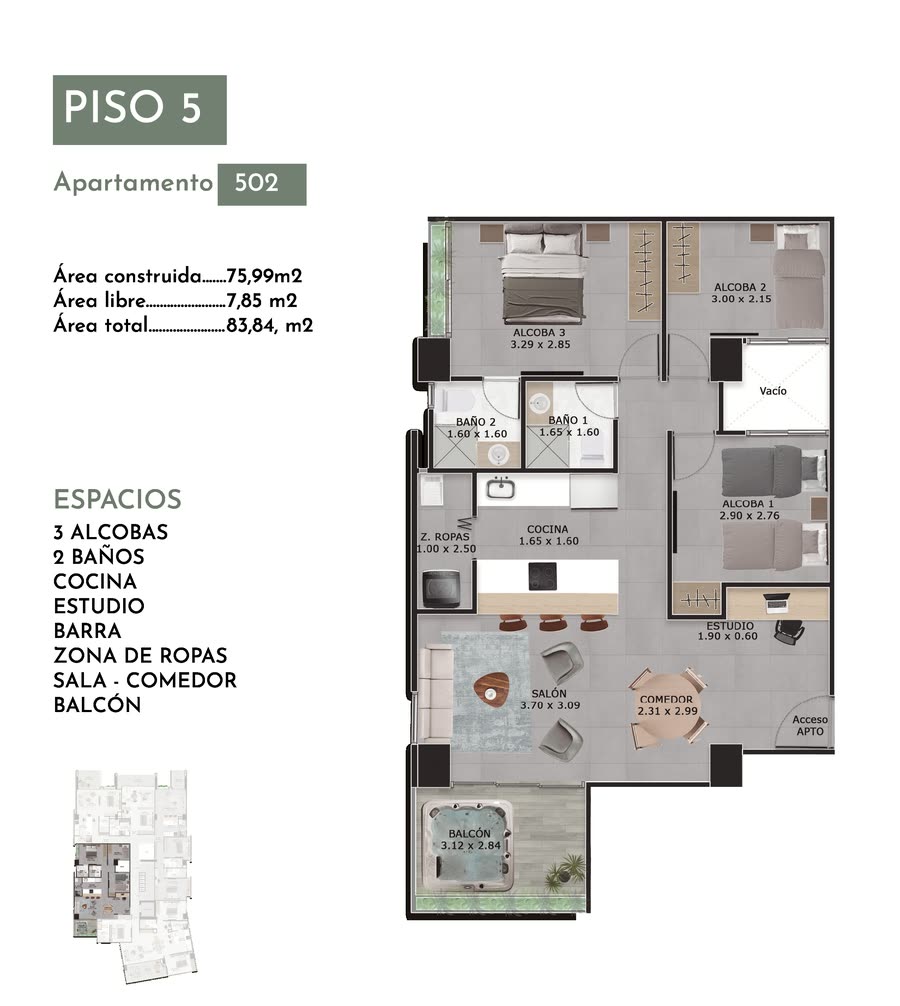 Plano del apartamento 502 de San Telmo: piso 5, tres alcobas y dos baños