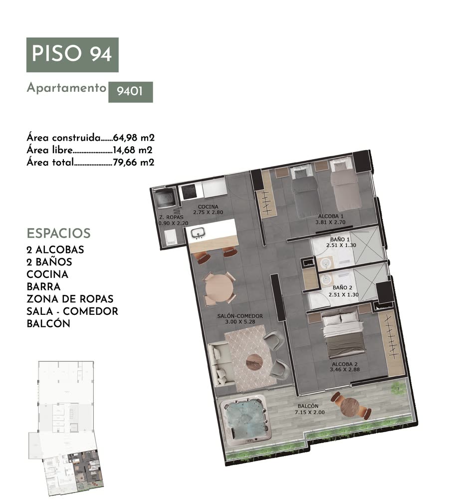 Plano del apartamento 9401 de San Telmo: piso 94, dos alcobas y dos baños