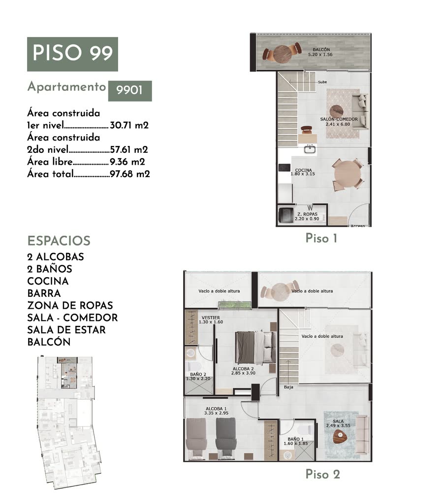 Plano del apartamento 9901 de San Telmo: dúplex de dos niveles en el piso 99