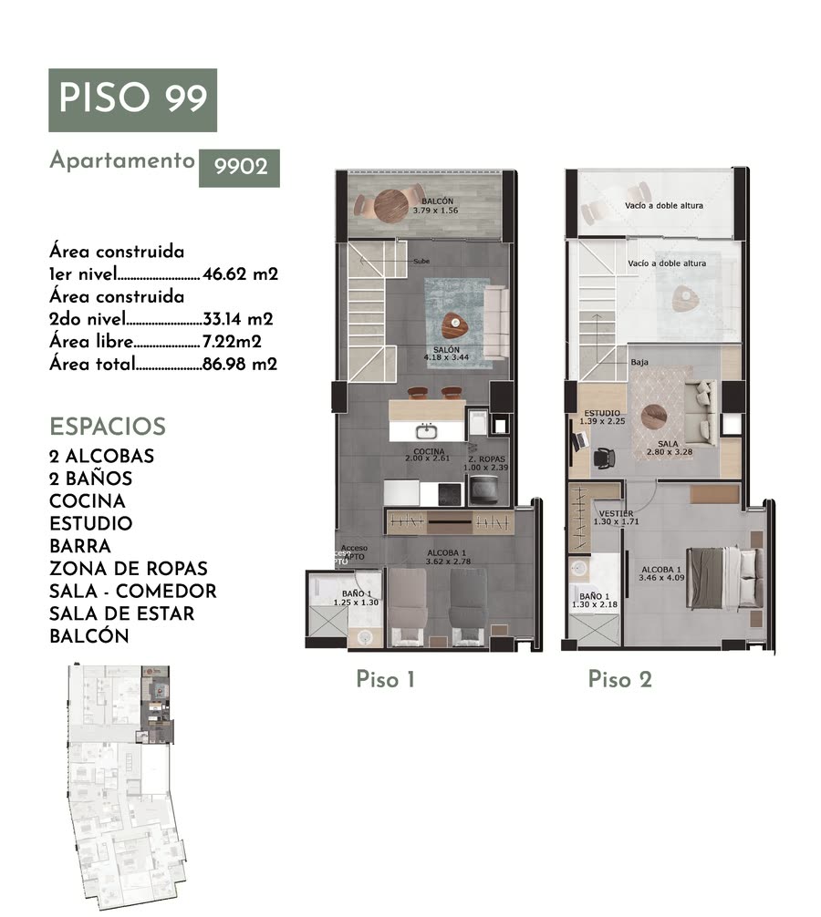 Plano del apartamento 9902 de San Telmo: dúplex de dos niveles en el piso 99