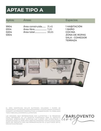 Plano de Aparta-estudio tipo A: 38,65 m²
