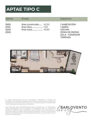 Plano de Aparta-estudio tipo C: 49,90 m²
