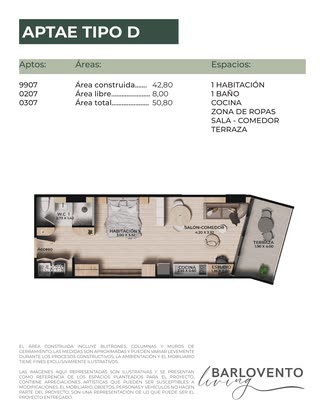 Plano de Aparta-estudio tipo D: 50,80 m²