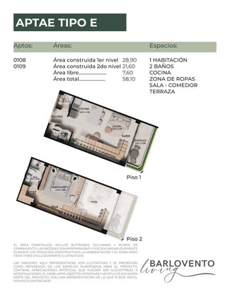Plano de Aparta-estudio tipo E: 58,30 m²
