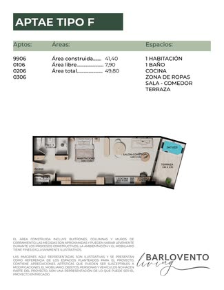 Plano de Aparta-estudio tipo F: 41,40 m²