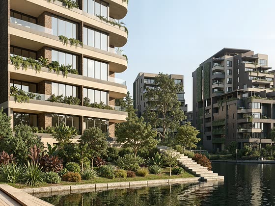 Render de Barlovento Living visto desde el agua